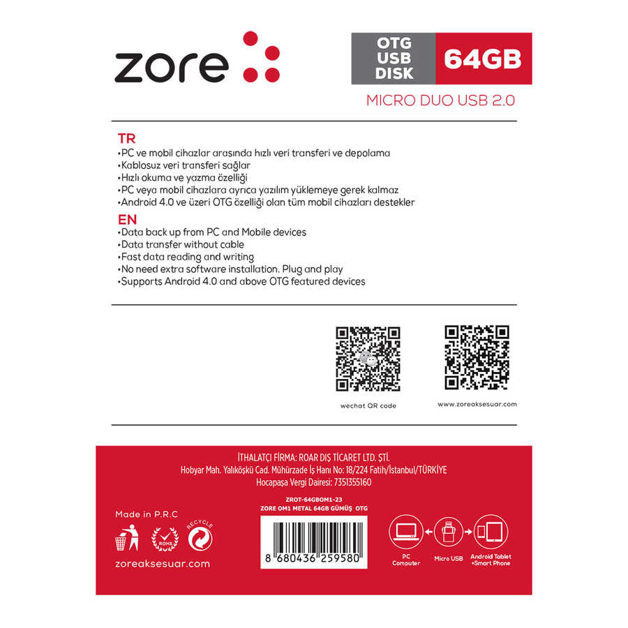 Zore OM1 Micro Metal OTG 64 GB Gümüş