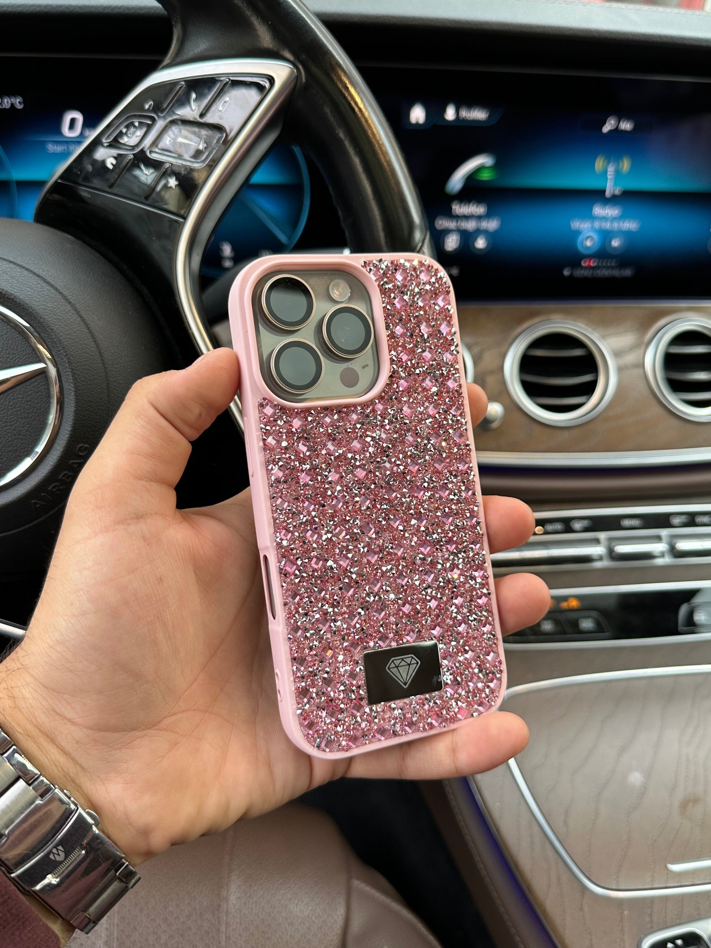 Crystal Shine Taşlı Apple iPhone Uyumlu Kılıf (Pembe)