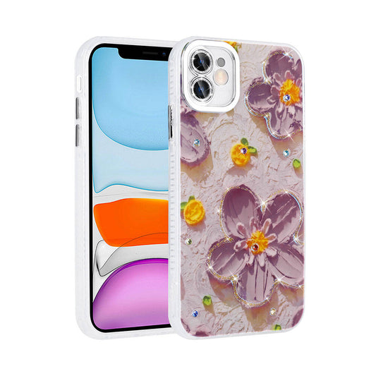 Apple iPhone 11 Kılıf Çiçek Desenli Parlak Taşlı Sert Silikon Zore Garden Kapak Mor