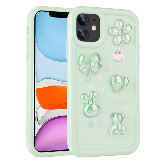 Apple iPhone 11 Kılıf Kabartma Figürlü Parlak Zore Toys Silikon Kapak Açık Yeşil
