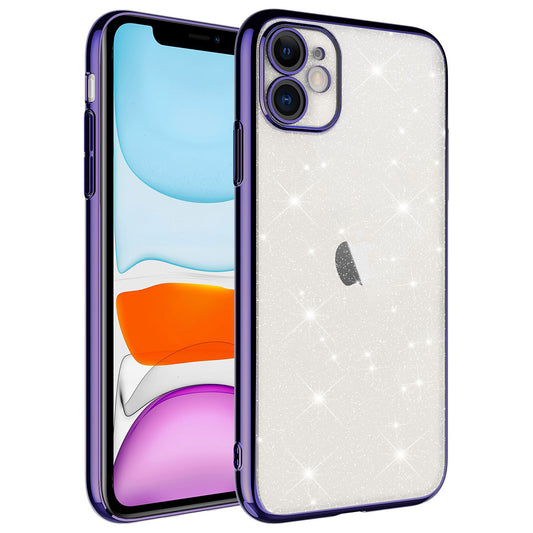 Apple iPhone 11 Kılıf Kamera Korumalı Renkli Çerçeveli Simli Zore Garage Kapak Derin Mor