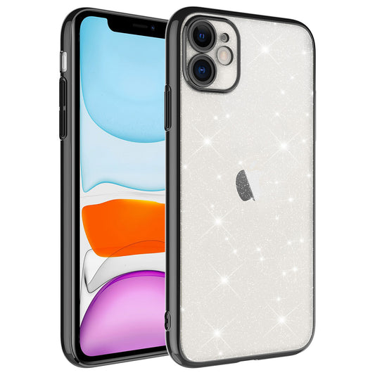 Apple iPhone 11 Kılıf Kamera Korumalı Renkli Çerçeveli Simli Zore Garage Kapak Siyah