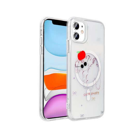 Apple iPhone 11 Kılıf M-Safe Şarj Özellikli Şeffaf Zore Folk Sert Kapak Sevimli Köpek