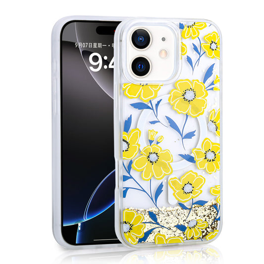 Apple iPhone 11 Kılıf Sıvılı Simli Baskılı Şeffaf Arka Yüzey Zore Mossa Silikon Kapak Sarı