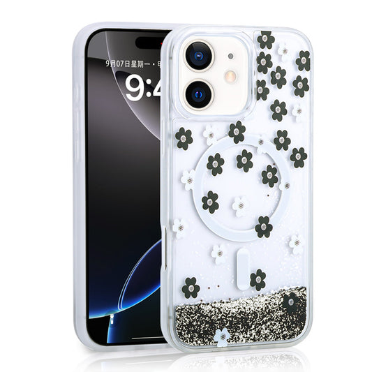 Apple iPhone 11 Kılıf Sıvılı Simli Baskılı Şeffaf Arka Yüzey Zore Mossa Silikon Kapak Siyah