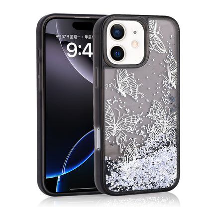 Apple iPhone 11 Kılıf Sıvılı Simli Kelebek Baskılı Şeffaf Arka Yüzey Zore Glis Silikon Kapak Mor