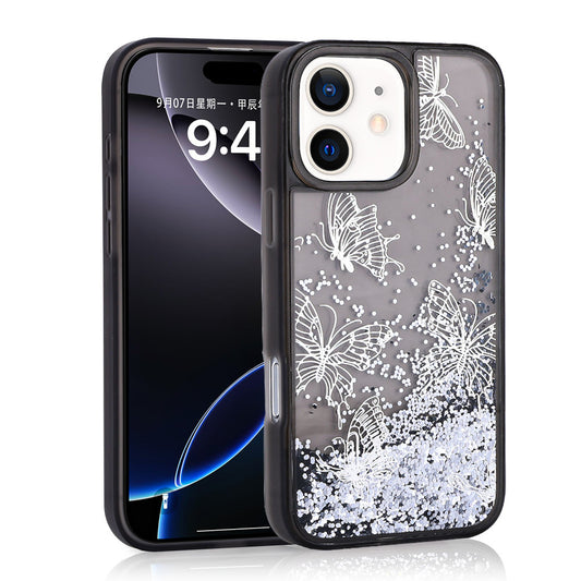 Apple iPhone 11 Kılıf Sıvılı Simli Kelebek Baskılı Şeffaf Arka Yüzey Zore Glis Silikon Kapak Siyah