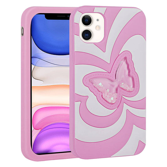 Apple iPhone 11 Kılıf Sıvılı Simli Kelebekli Tasarım Zore Vodena Kapak Pembe