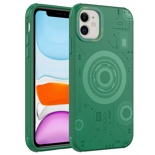 Apple iPhone 11 Kılıf Zore Wireless Şarj Özellikli Desenli Hot Kapak Koyu Yeşil