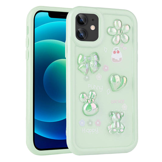 Apple iPhone 12 Kılıf Kabartma Figürlü Parlak Zore Toys Silikon Kapak Açık Yeşil