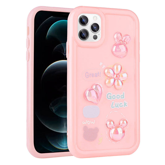 Apple iPhone 12 Pro Kılıf Kabartma Figürlü Parlak Zore Toys Silikon Kapak Pembe