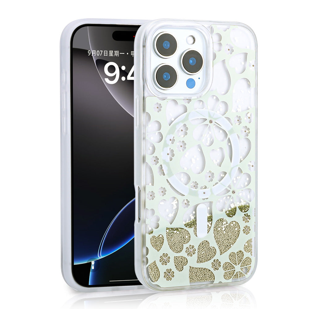 Apple iPhone 12 Pro Kılıf Sıvılı Simli Baskılı Şeffaf Arka Yüzey Zore Mossa Silikon Kapak Pembe