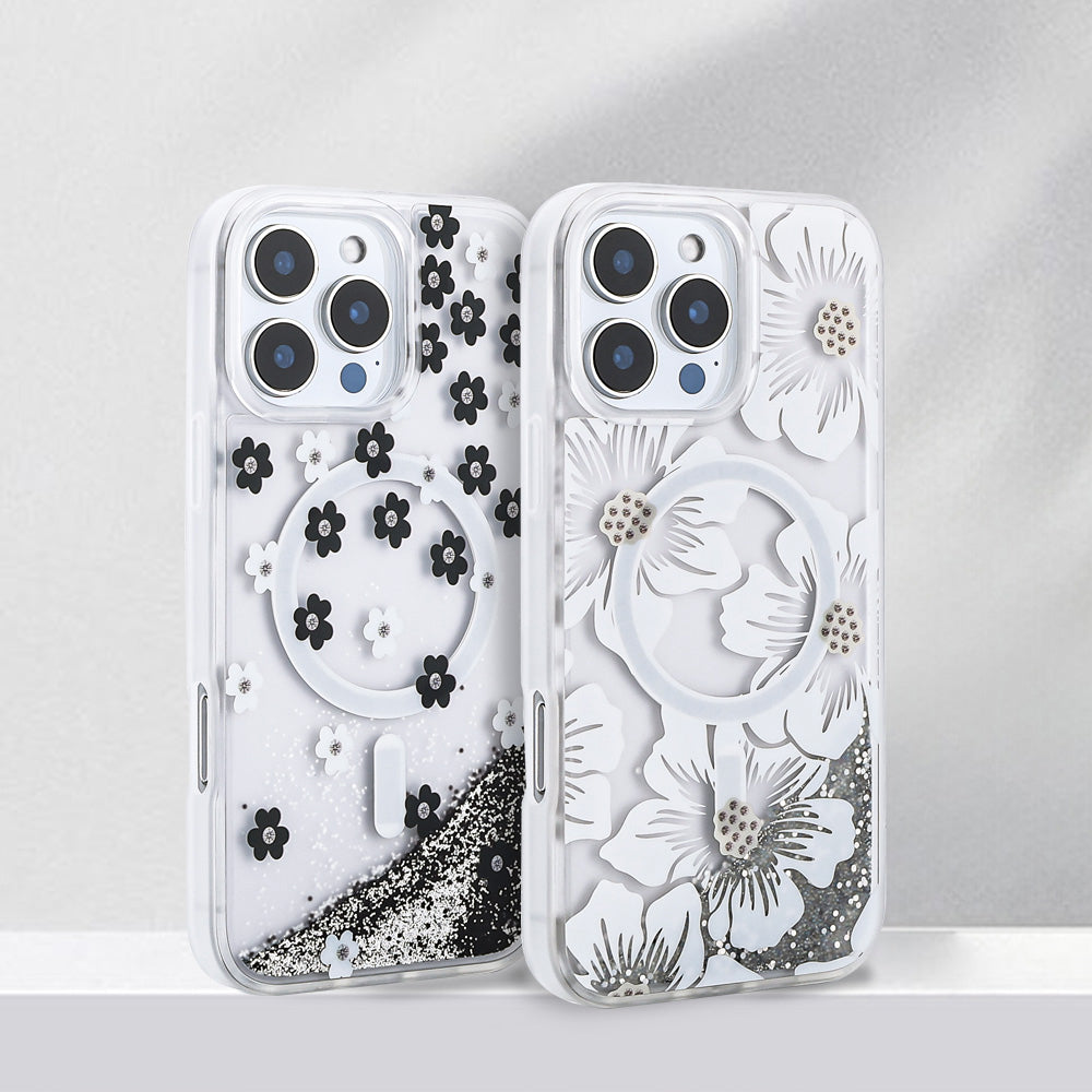 Apple iPhone 12 Pro Kılıf Sıvılı Simli Baskılı Şeffaf Arka Yüzey Zore Mossa Silikon Kapak Pembe