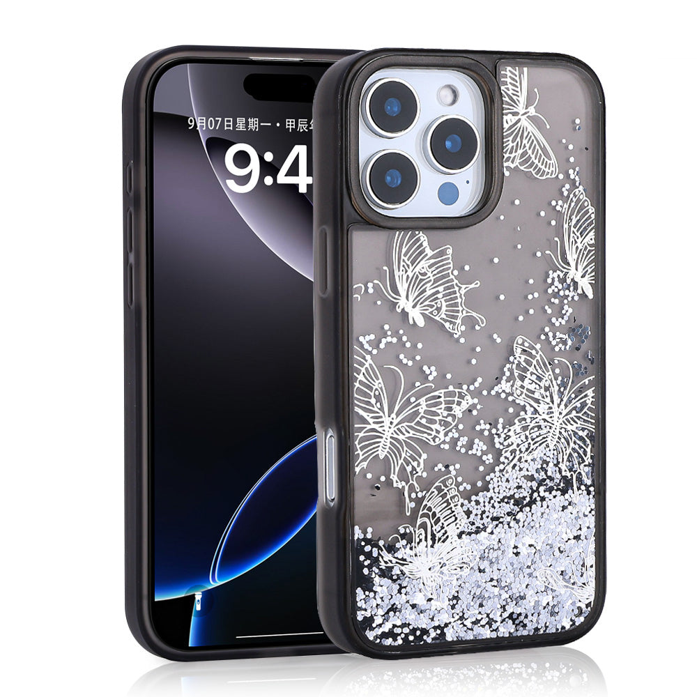 Apple iPhone 12 Pro Kılıf Sıvılı Simli Kelebek Baskılı Şeffaf Arka Yüzey Zore Glis Silikon Kapak Mor