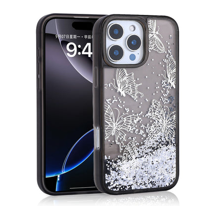 Apple iPhone 12 Pro Kılıf Sıvılı Simli Kelebek Baskılı Şeffaf Arka Yüzey Zore Glis Silikon Kapak Mor