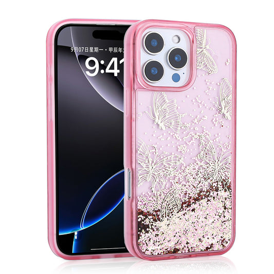 Apple iPhone 12 Pro Kılıf Sıvılı Simli Kelebek Baskılı Şeffaf Arka Yüzey Zore Glis Silikon Kapak Pembe