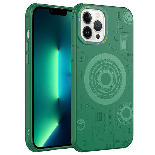 Apple iPhone 12 Pro Max Kılıf Zore Wireless Şarj Özellikli Desenli Hot Kapak Koyu Yeşil