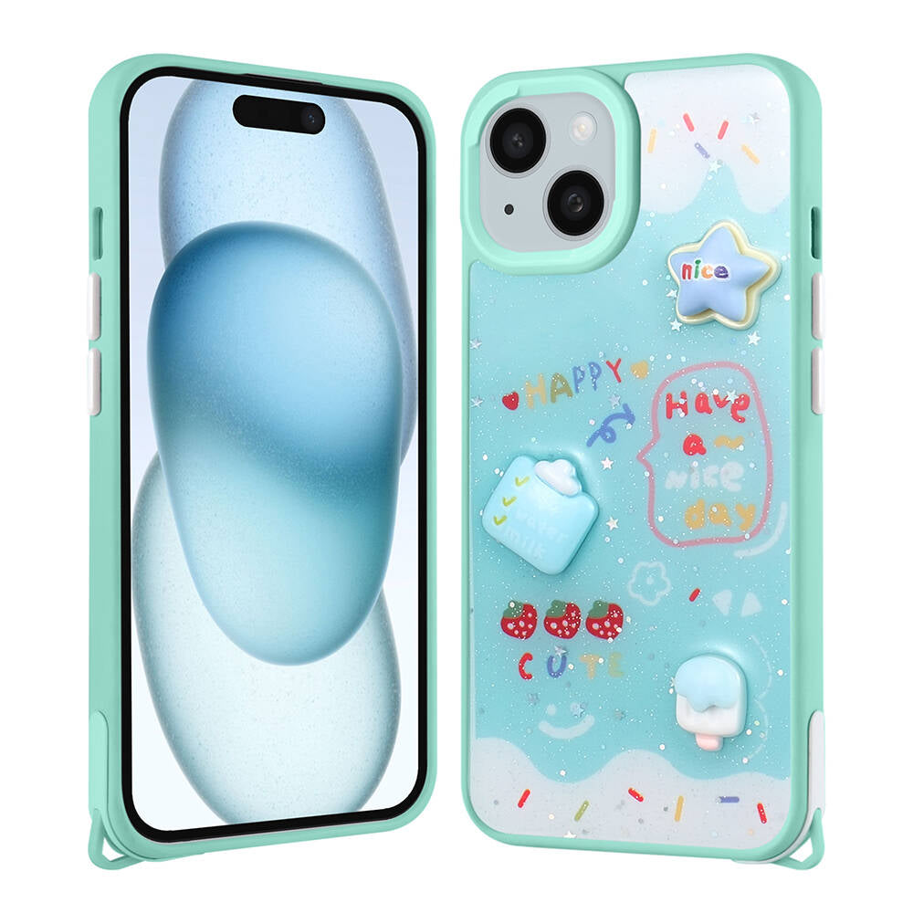 Apple iPhone 13 Kılıf Parlayan Simli Kabartma Figürlü Zore Cevze Kapak Yeşil