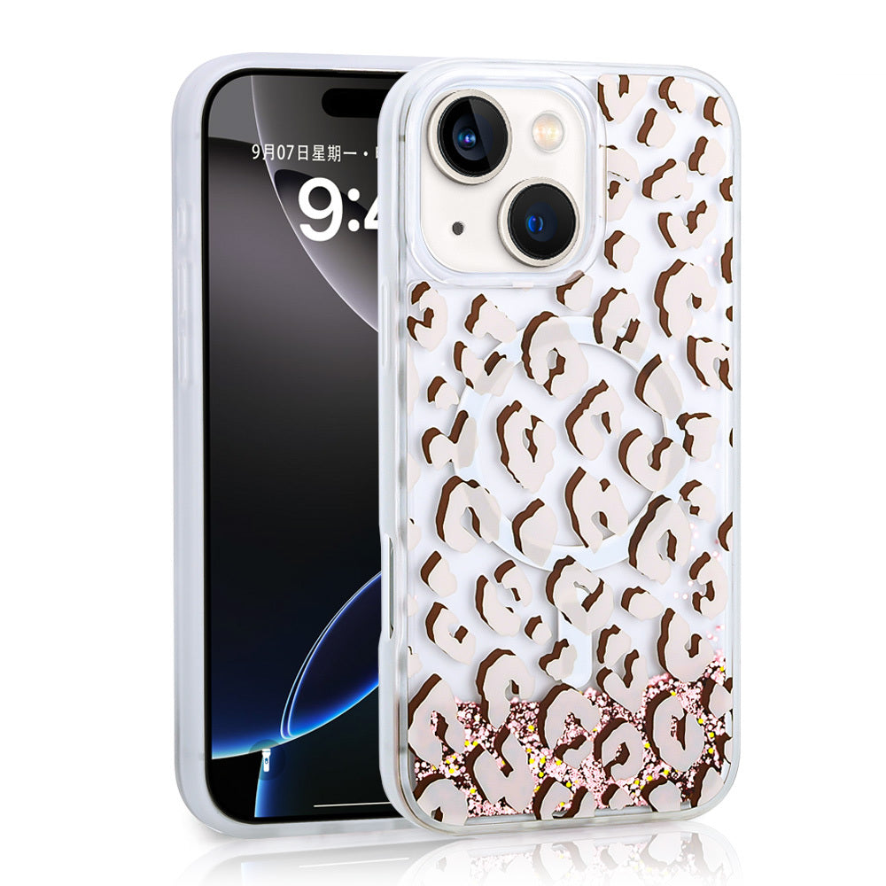 Apple iPhone 13 Kılıf Sıvılı Simli Baskılı Şeffaf Arka Yüzey Zore Mossa Silikon Kapak Pembe