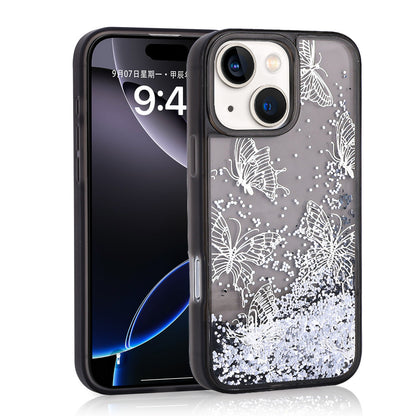 Apple iPhone 13 Kılıf Sıvılı Simli Kelebek Baskılı Şeffaf Arka Yüzey Zore Glis Silikon Kapak Pembe