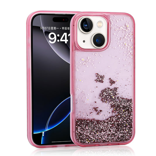 Apple iPhone 13 Kılıf Sıvılı Simli Şeffaf Arka Yüzey Zore Keto Silikon Kapak Pembe