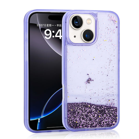 Apple iPhone 13 Kılıf Sıvılı Simli Şeffaf Arka Yüzey Zore Keto Silikon Kapak Mor