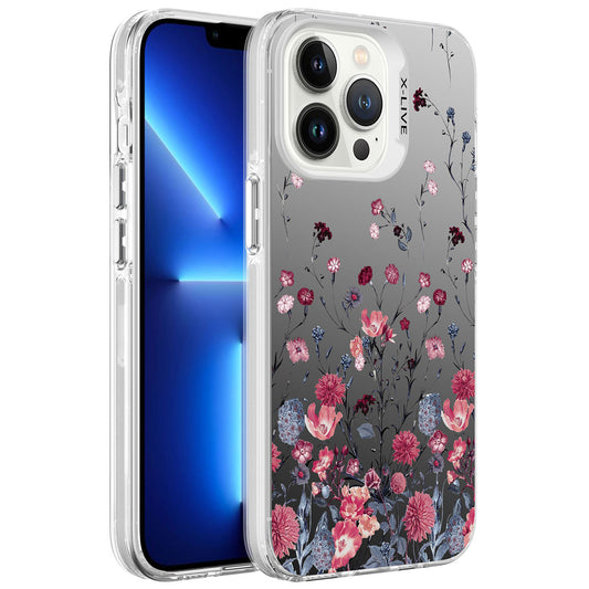 Apple iPhone 13 Pro Kılıf Desenli Zore Silver Sert Kapak Çiçek