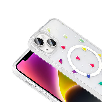Apple iPhone 14 Kılıf M-Safe Şarj Özellikli Şeffaf Zore Folk Sert Kapak Kalp