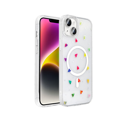 Apple iPhone 14 Kılıf M-Safe Şarj Özellikli Şeffaf Zore Folk Sert Kapak Kalp
