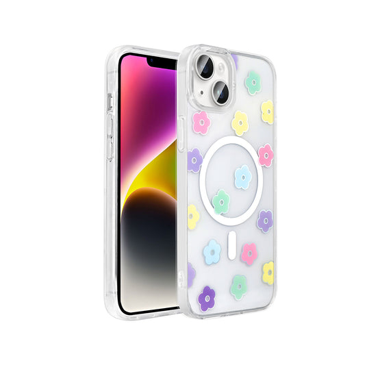 Apple iPhone 14 Kılıf M-Safe Şarj Özellikli Şeffaf Zore Folk Sert Kapak Papatya