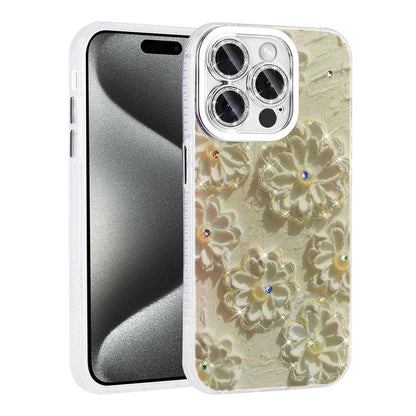 Apple iPhone 14 Pro Max Kılıf Çiçek Desenli Parlak Taşlı Sert Silikon Zore Garden Kapak Mavi