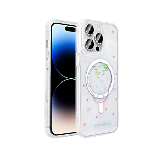 Apple iPhone 14 Pro Max Kılıf M-Safe Şarj Özellikli Şeffaf Zore Folk Sert Kapak Çilek