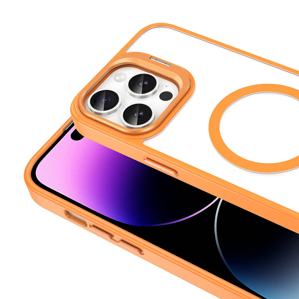 Apple iPhone 14 Pro Max Kılıf Magsafe Şarj Özellikli Standlı Zore Magsafe Klon Lensli Kapak Turuncu