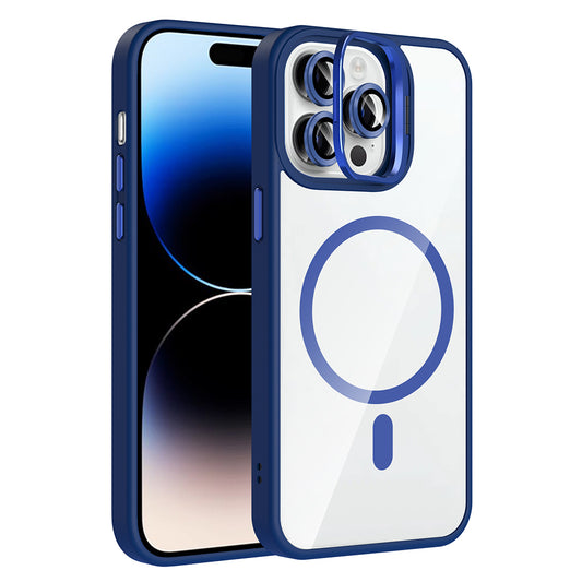 Apple iPhone 14 Pro Max Kılıf Standlı ve Kamera Lens Hediyeli M-Safe Şarj Özellikli Zore Etro Kapak Lacivert