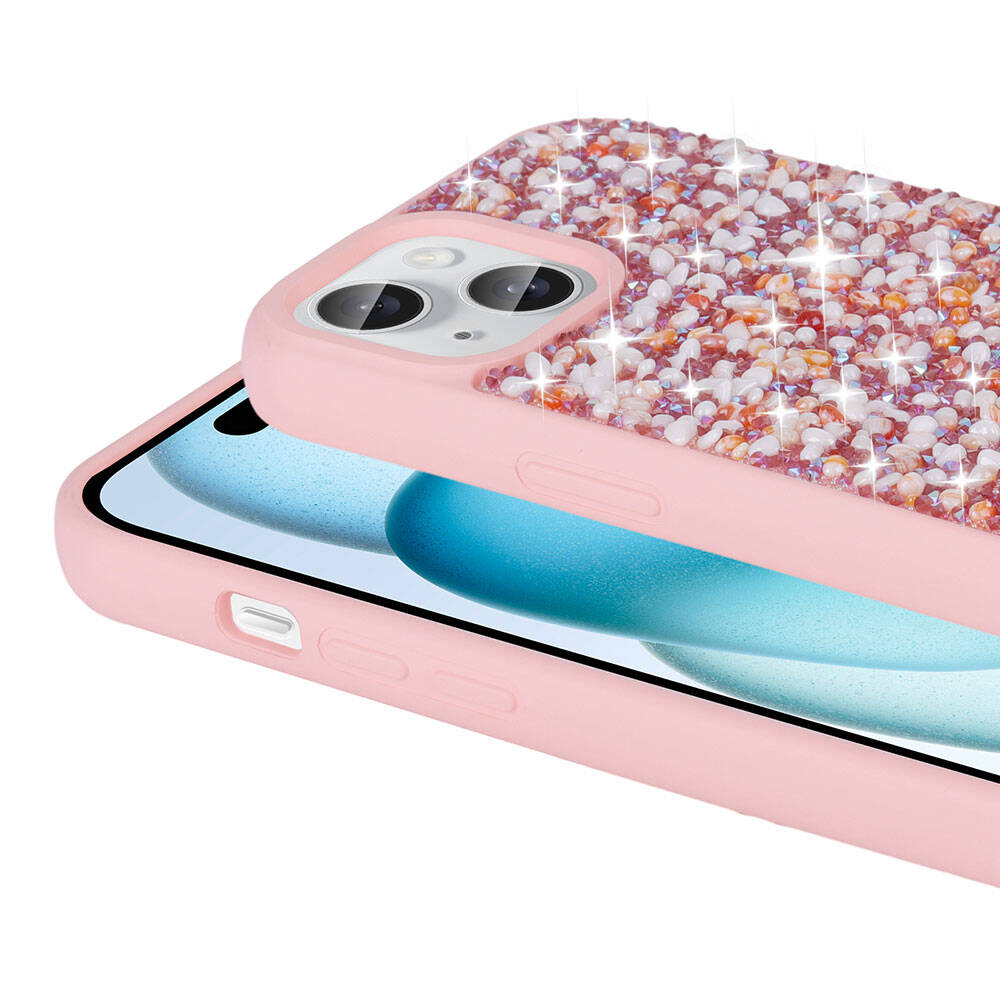 Apple iPhone 15 Kılıf Parlak Taşlı Tasarım Zore Linea Diamond Kapak Mavi Açık