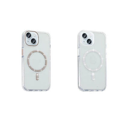 Apple iPhone 15 Kılıf Taşlı Tasarım M-safe Şarj Özellikli Zore Koment Silikon Kapak Gümüş