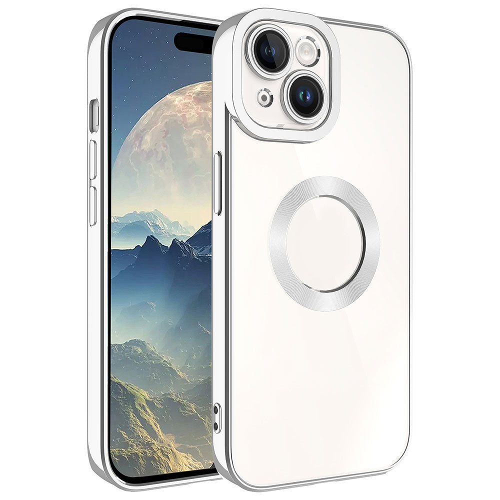 Apple iPhone 15 Plus Kılıf Kamera Korumalı Logo Gösteren Zore Omega Kapak Gümüş