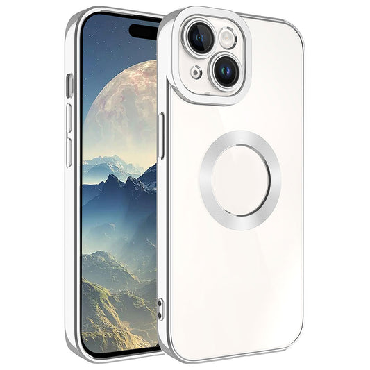 Apple iPhone 15 Plus Kılıf Kamera Korumalı Logo Gösteren Zore Omega Kapak Gümüş