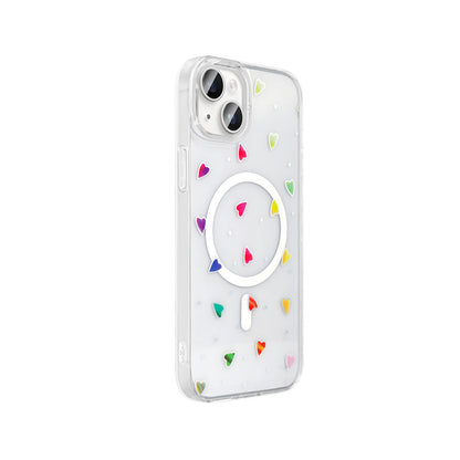 Apple iPhone 15 Plus Kılıf M-Safe Şarj Özellikli Şeffaf Zore Folk Sert Kapak Kalp