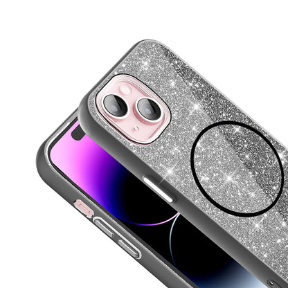 Apple iPhone 15 Plus Kılıf Magsafe Şarj Özellikli Parlayan Simli Zore Okso Kapak Siyah