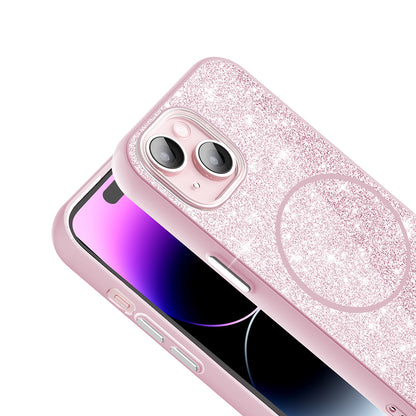 Apple iPhone 15 Plus Kılıf Magsafe Şarj Özellikli Parlayan Simli Zore Okso Kapak Pembe