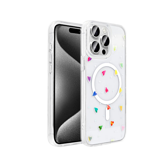 Apple iPhone 15 Pro Kılıf M-Safe Şarj Özellikli Şeffaf Zore Folk Sert Kapak Kalp