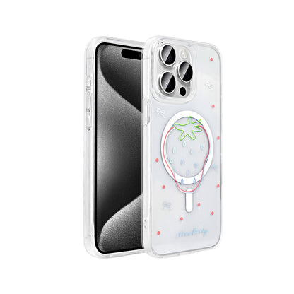 Apple iPhone 15 Pro Kılıf M-Safe Şarj Özellikli Şeffaf Zore Folk Sert Kapak Çilek