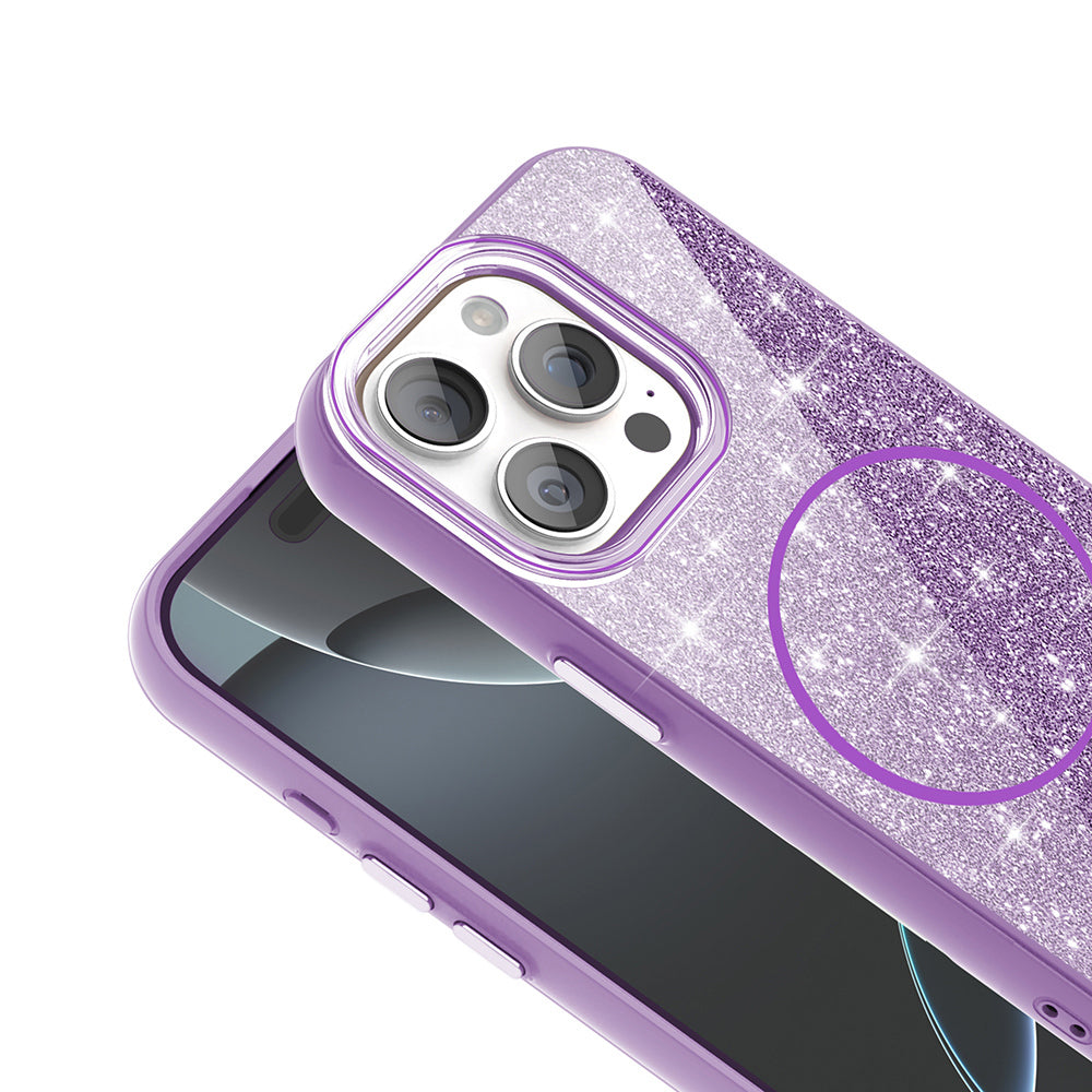 Apple iPhone 15 Pro Kılıf Magsafe Şarj Özellikli Parlayan Simli Zore Okso Kapak Pembe