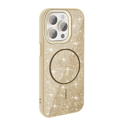 Apple iPhone 15 Pro Kılıf Magsafe Şarj Özellikli Parlayan Simli Zore Okso Kapak Gold