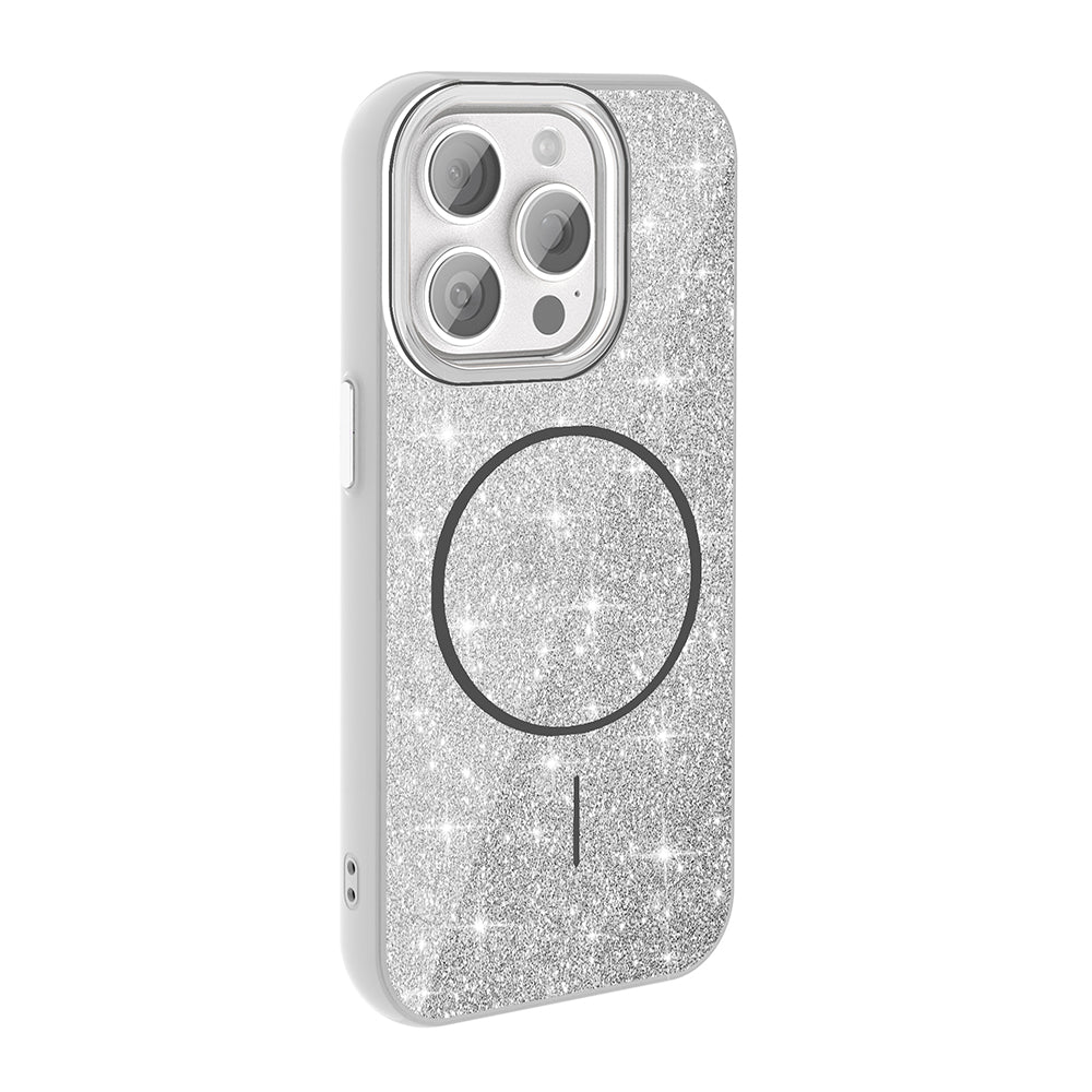 Apple iPhone 15 Pro Kılıf Magsafe Şarj Özellikli Parlayan Simli Zore Okso Kapak Pembe
