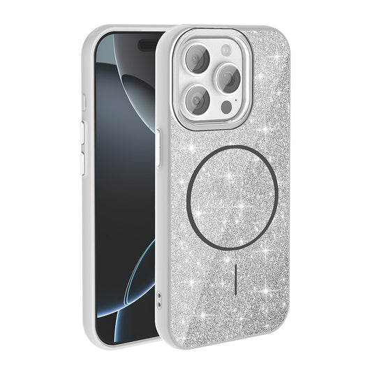 Apple iPhone 15 Pro Kılıf Magsafe Şarj Özellikli Parlayan Simli Zore Okso Kapak Beyaz