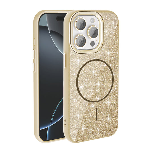 Apple iPhone 15 Pro Kılıf Magsafe Şarj Özellikli Parlayan Simli Zore Okso Kapak Gold
