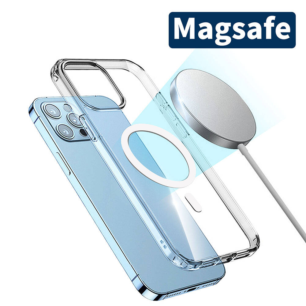 Apple iPhone 15 Pro Kılıf Magsafe Şarj Özellikli Şeffaf Sert PC Zore Embos Kapak Renksiz