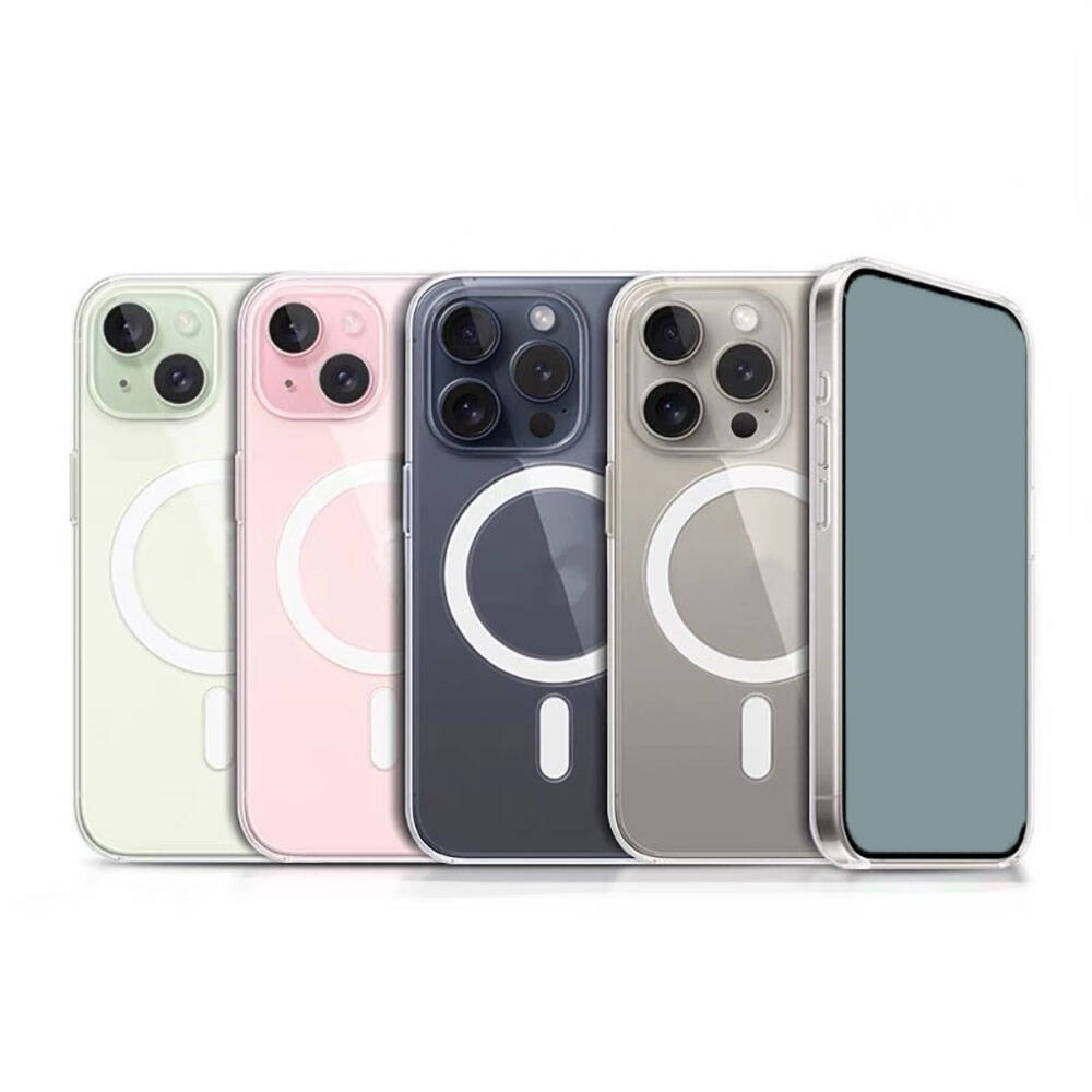 Apple iPhone 15 Pro Kılıf Magsafe Şarj Özellikli Şeffaf Sert PC Zore Embos Kapak Renksiz